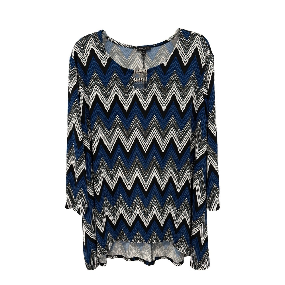 Sami & Jo Top Womens 1X Black‎ Blue White Chevron Tunic Embellished Keyhole Neck